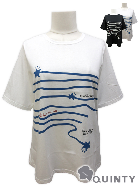 <QUINTY /クインティ>パネルボーダー風にデザインした天の川のプリントが可愛いTシャツです。(撮影サイズ:F2)