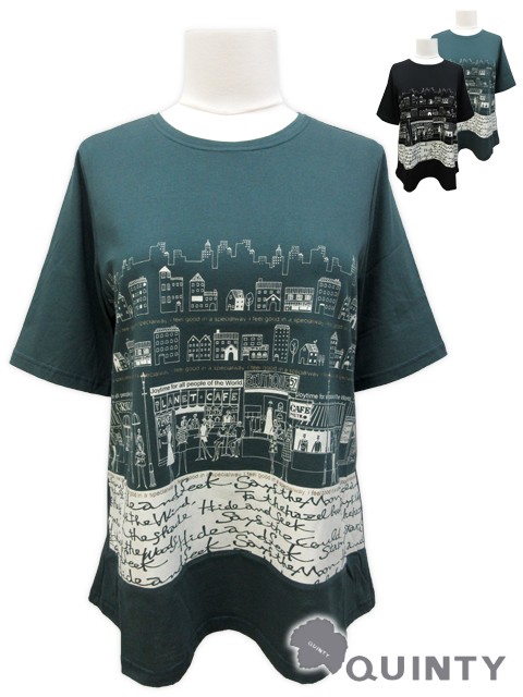 <QUINTY /クインティ>オシャレな街並みのイラストプリントが可愛らしいTシャツです。(撮影サイズ:F2)