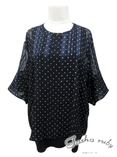 <Tasha ruby /ターシャルビー>インナータンクトップ付きのドット×ストライプ柄シアーブラウスです。(撮影サイズ:F2)
