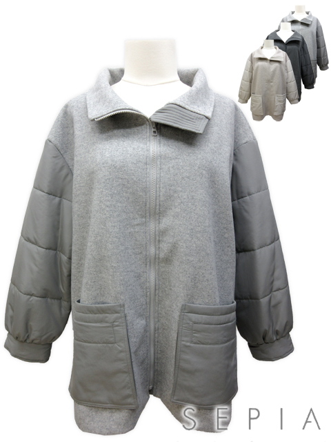 ＜SEPIA /セピア＞きれいめメルトンに中綿の袖を組み合わせた異素材デザインのコートです。(撮影サイズ：F2)
