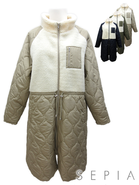 ＜SEPIA /セピア＞キルティング×ボアのMIXデザインが今季らしい中綿ロングコートです。(撮影サイズ：F2)